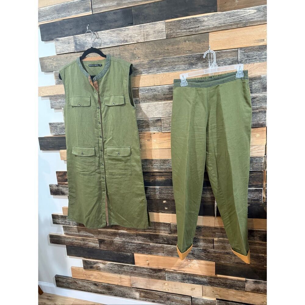 Gudrun Sjoden set green long vest/dress and pants Lagenlook Boho size S